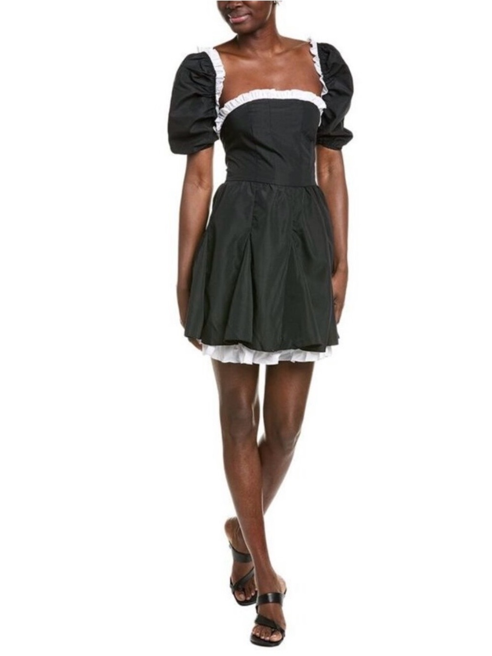 Black Puff-Sleeve Mini Dress with White Ruffle Trim